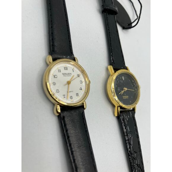 Women's Watch Lot of (2) Gold Tone BLACK LEATHER Gruen Diamon Analog - Picture 1 of 12